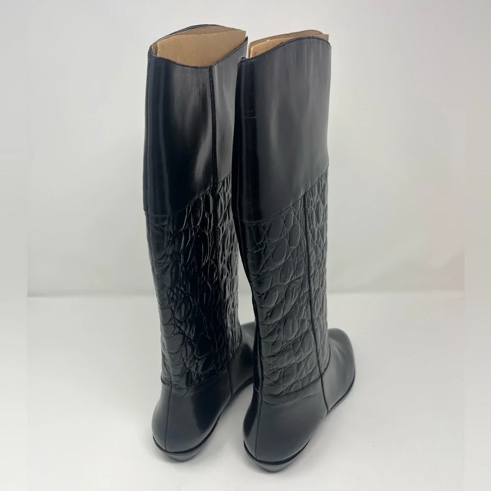 9 West Nine West Margot Black Tropic 7.5 Leather Riding Boots Textured VTG NEW